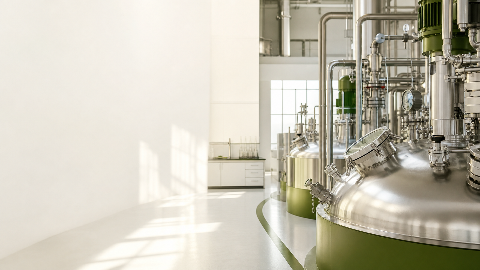 Clean modern industrial manufacturing environment with stainless process equipment