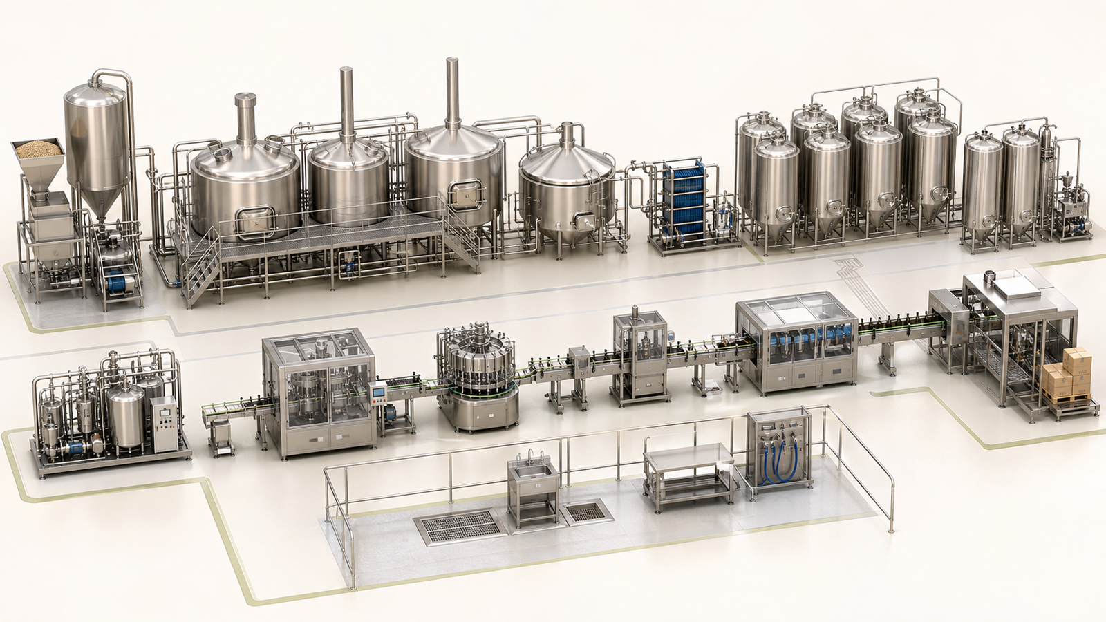 Isometric brewery process with brewing vessels, fermentation tanks, CIP, filling, washing and packaging equipment