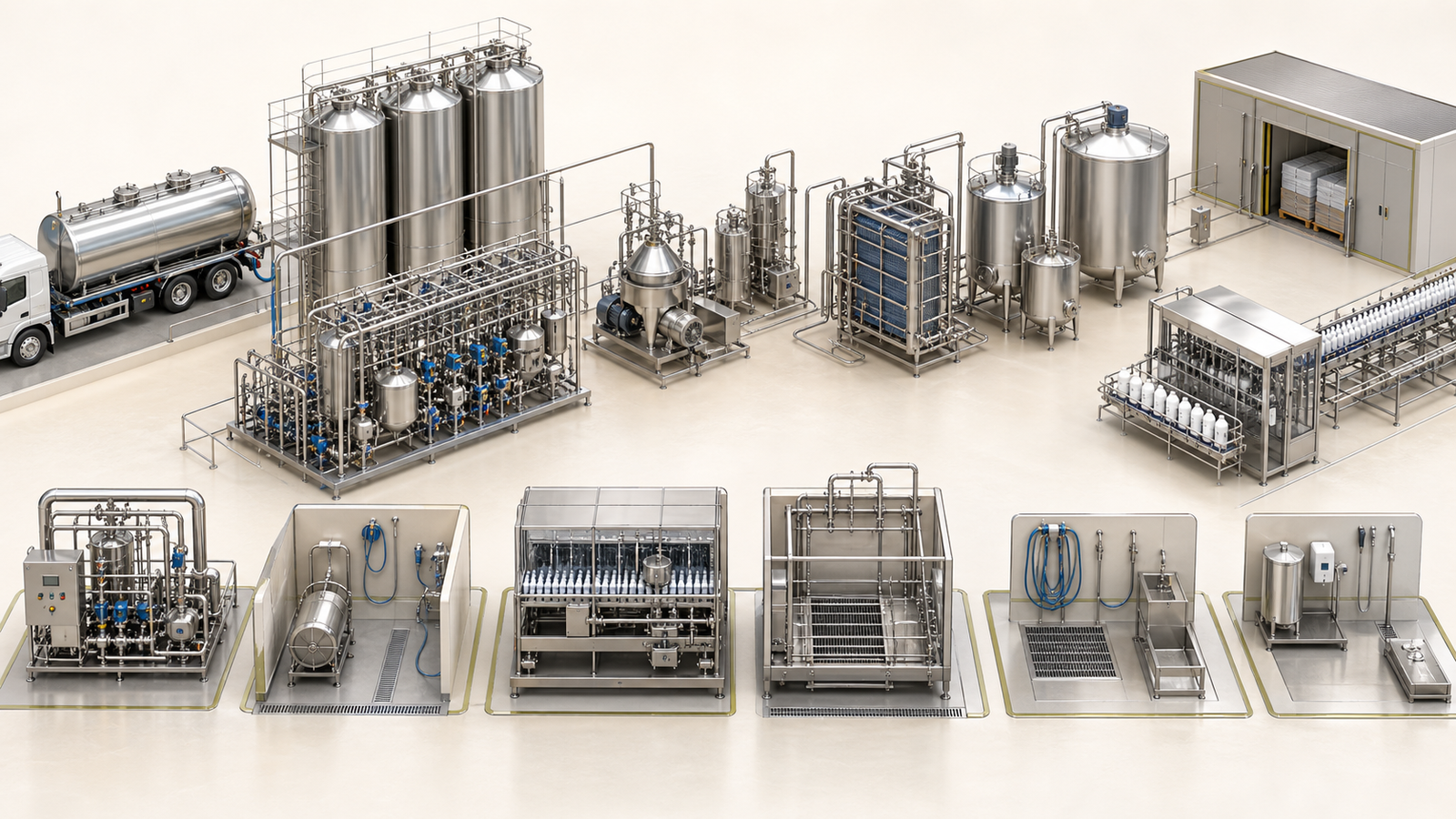Isometric dairy process with milk reception, storage, separation, pasteurisation, CIP, washing, filling and cold storage