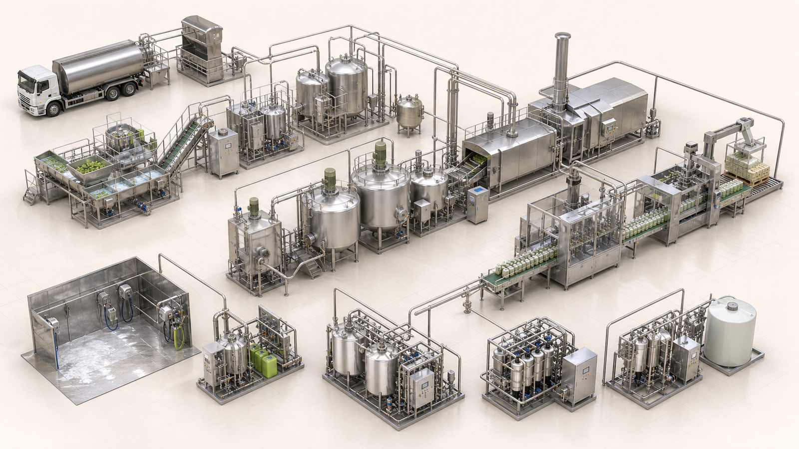 Isometric food processing environment with receiving, preparation, mixing, thermal processing, CIP, conveyors and packaging