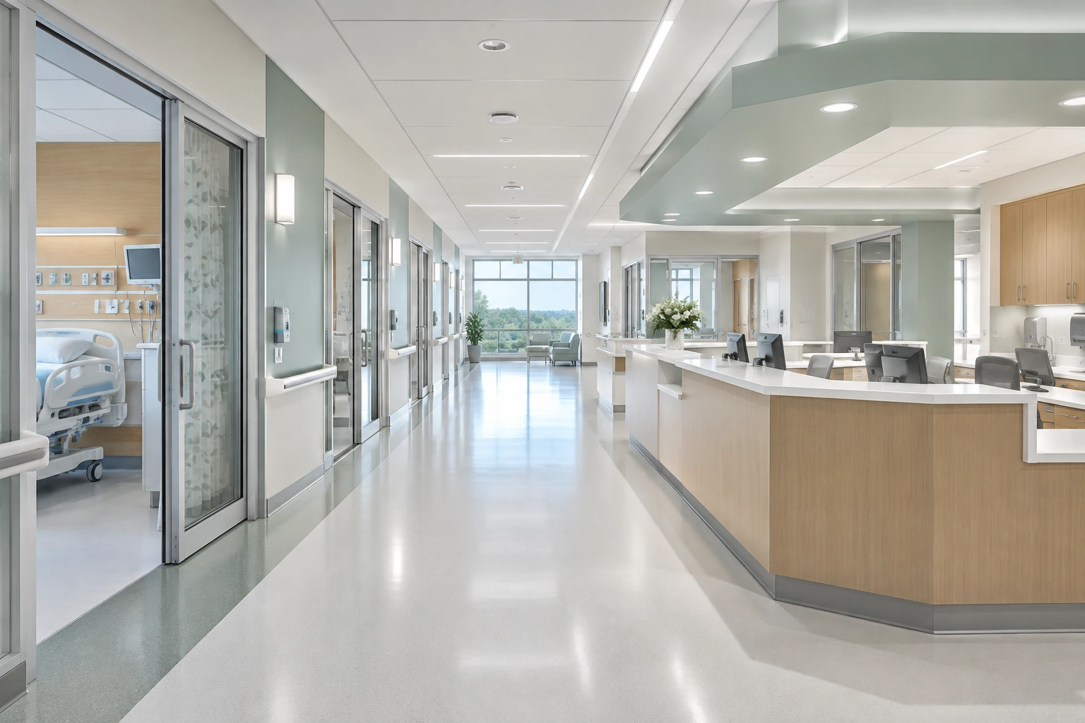 Bright hospital corridor and nursing station — illustrative visual