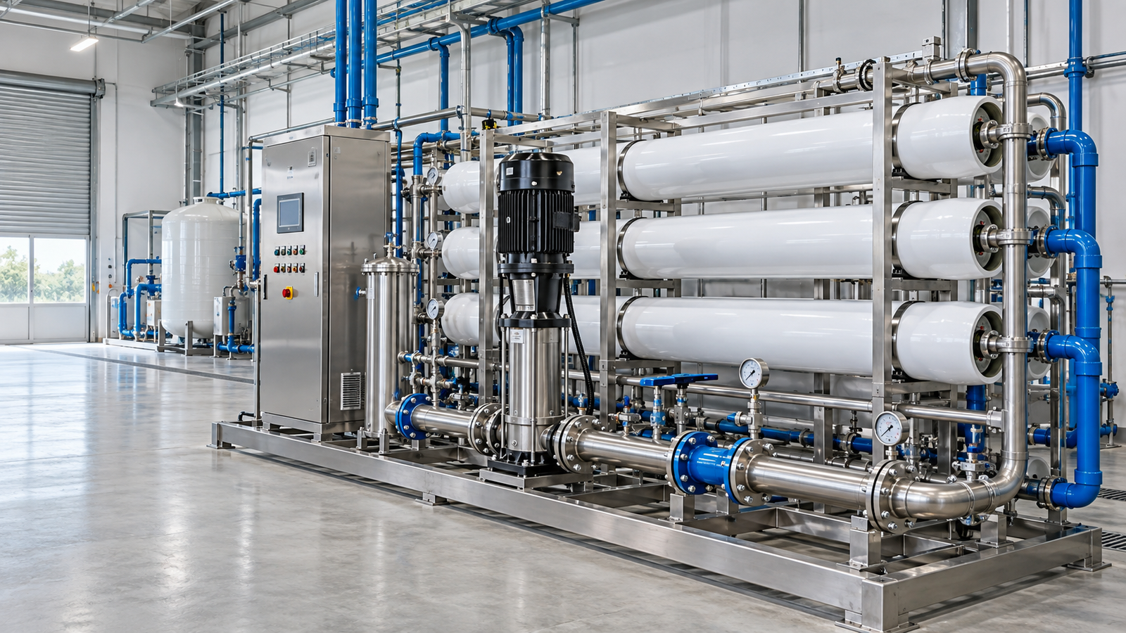 Industrial reverse osmosis membrane skid, pump and control cabinet — illustrative visual
