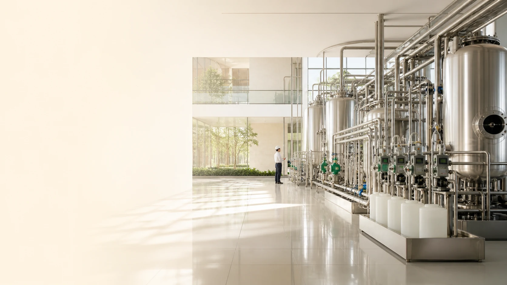 A modern chemical process facility with precision dosing equipment and responsible operations