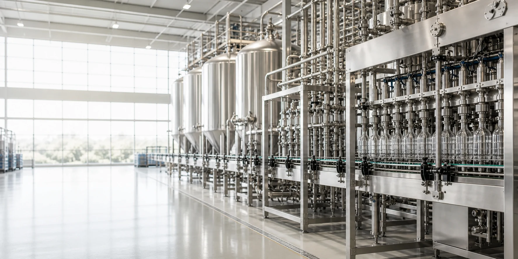 Hygienic beverage production line with stainless processing equipment