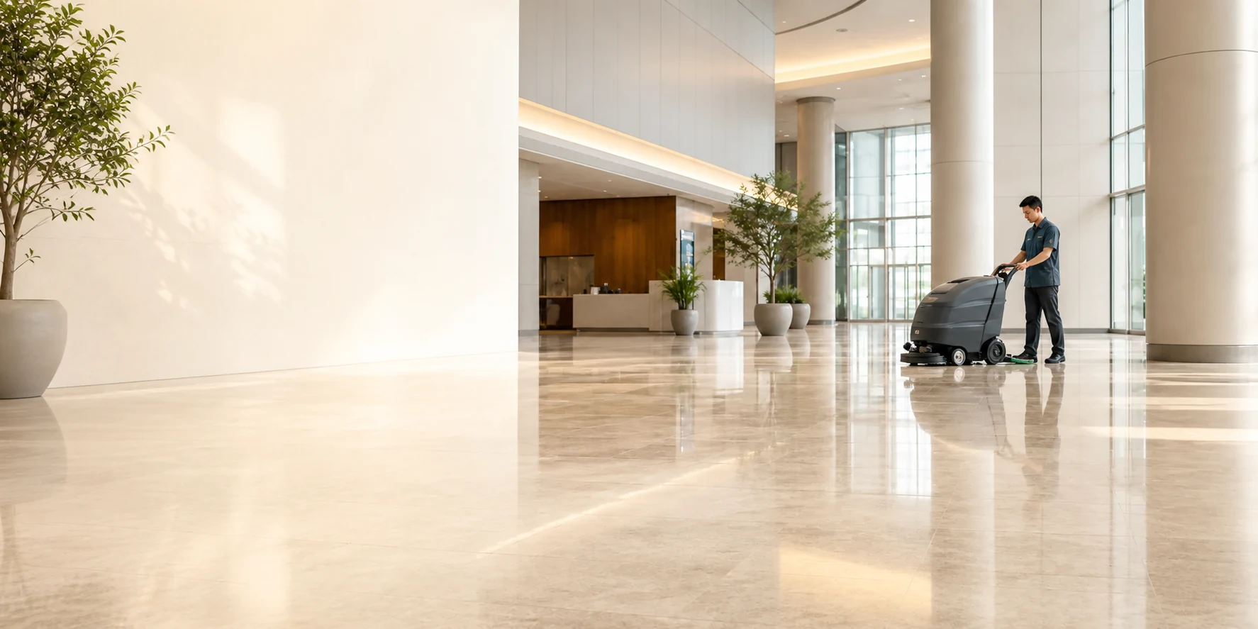 Professional scrubber dryer in a polished institutional lobby