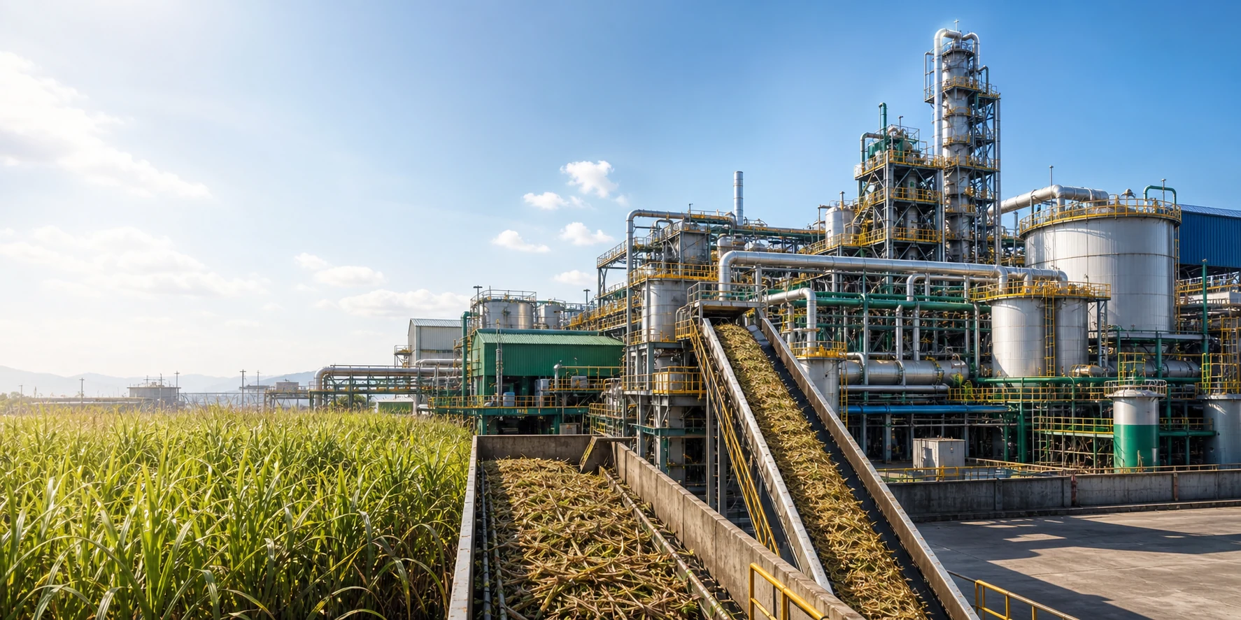 Large-scale industrial sugar processing plant with conveyors and process equipment