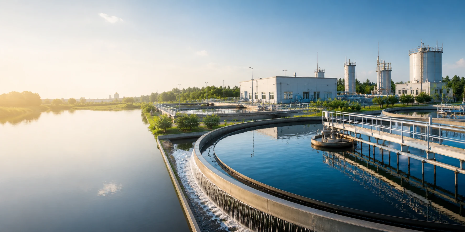 Advanced industrial water treatment plant with clarifiers and process infrastructure