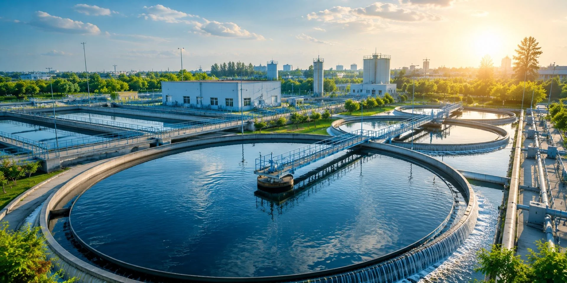 Industrial water treatment facility with clarifiers and process infrastructure