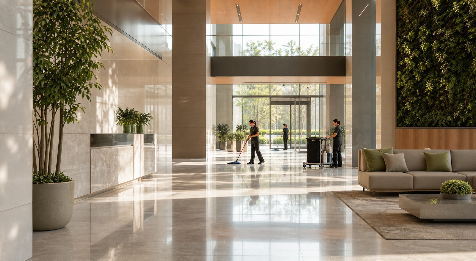 Professional housekeeping team maintaining an immaculate commercial facility