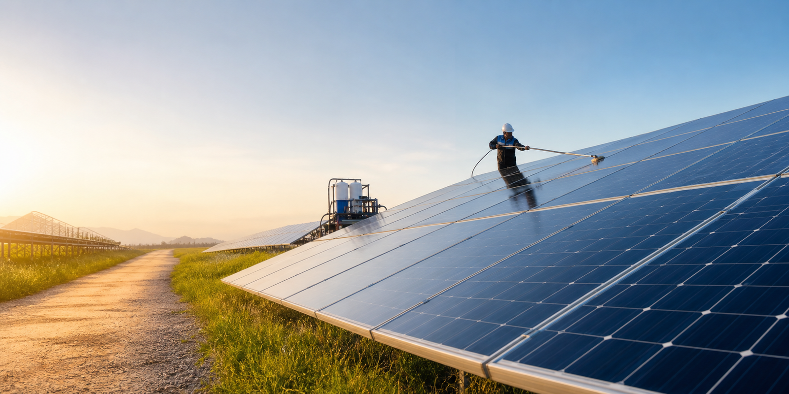 Solar panel field with professional cleaning and maintenance operations