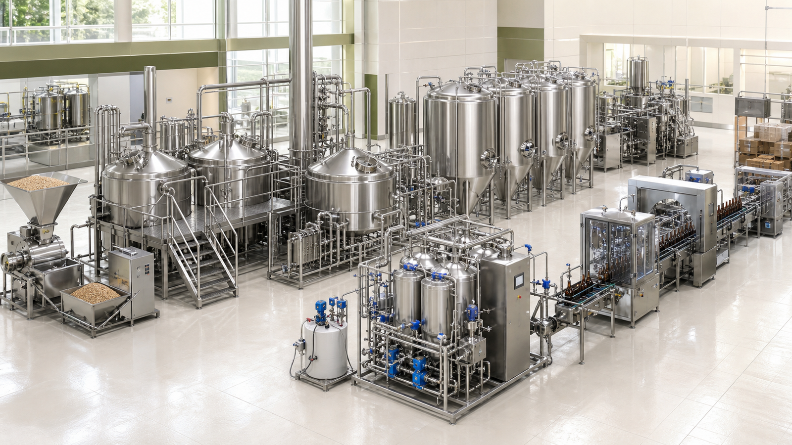 Realistic three-dimensional brewery and beverage process with brewhouse, fermentation, CIP, bottle washing, filling, conveyors and packaging