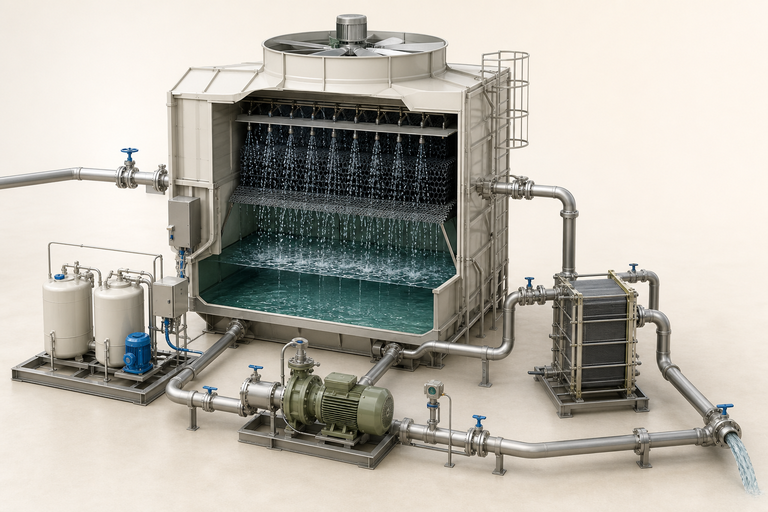 Realistic three-dimensional cooling-water system with cutaway tower, basin, pump, dosing, heat exchanger and blowdown
