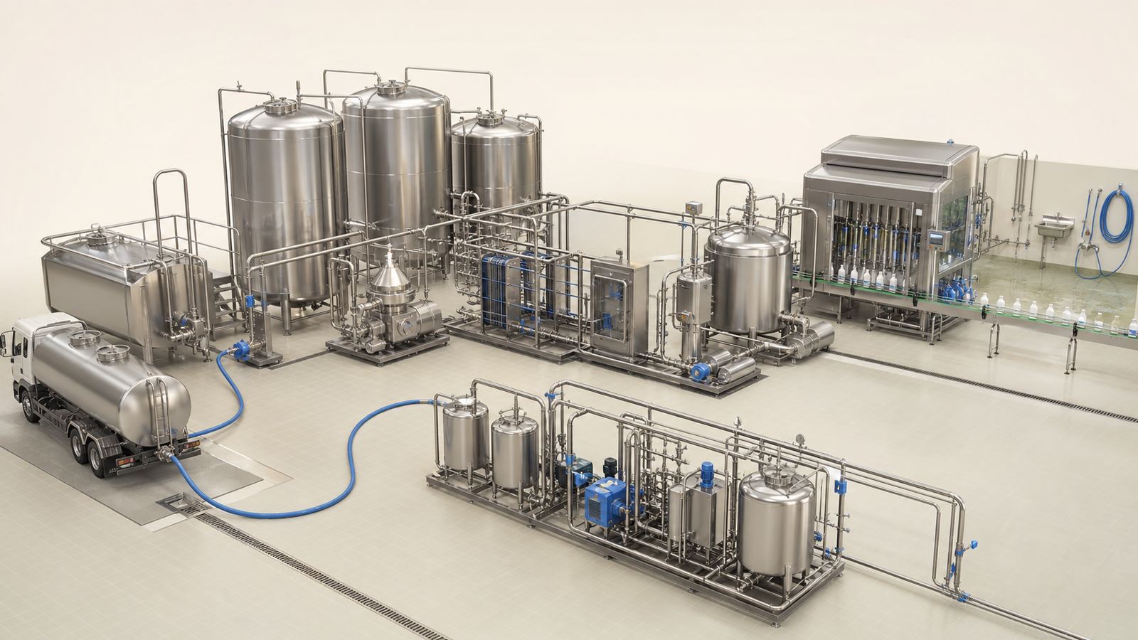 Realistic three-dimensional dairy processing system with milk reception, storage, separation, pasteurisation, filling and CIP equipment