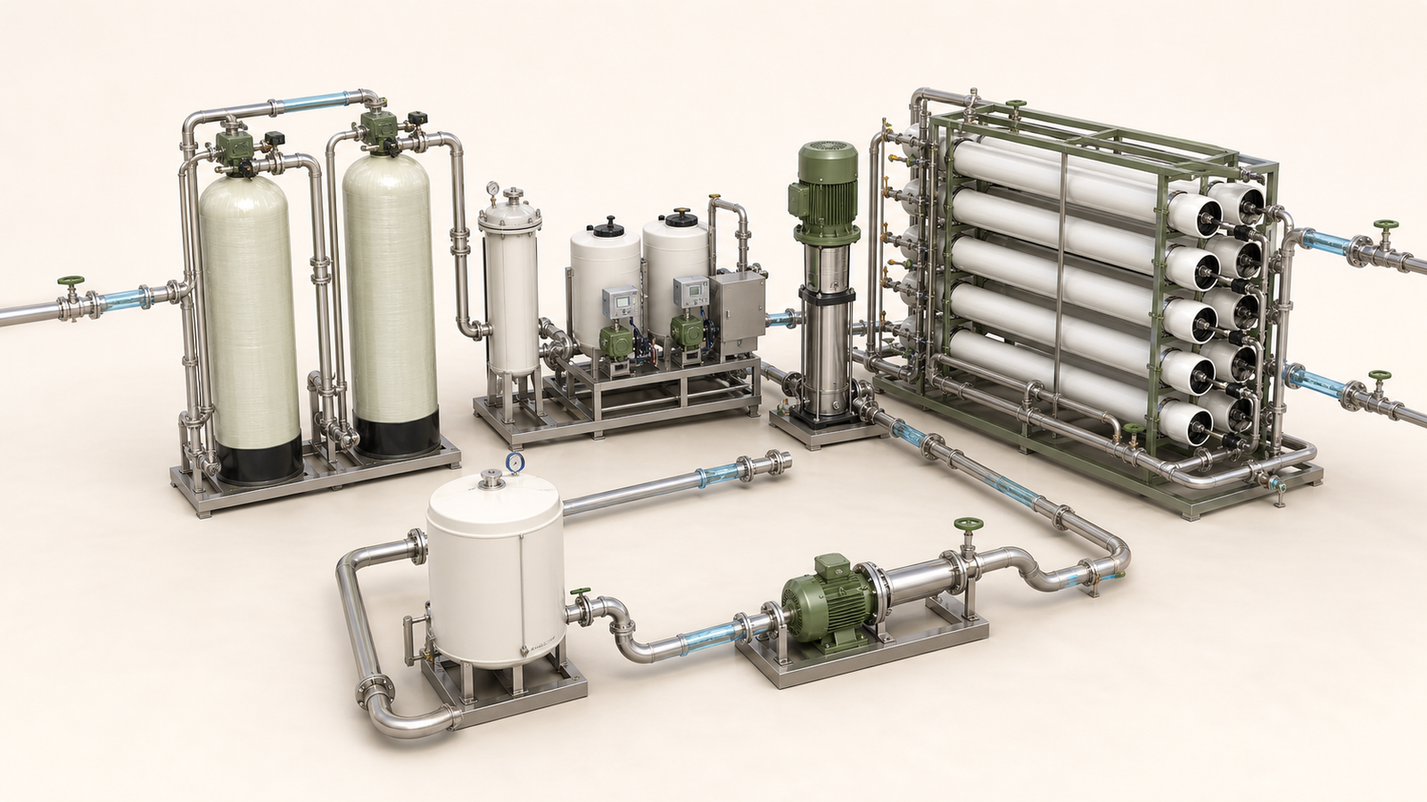 Realistic three-dimensional reverse osmosis system with pretreatment, dosing, membrane train and CIP loop