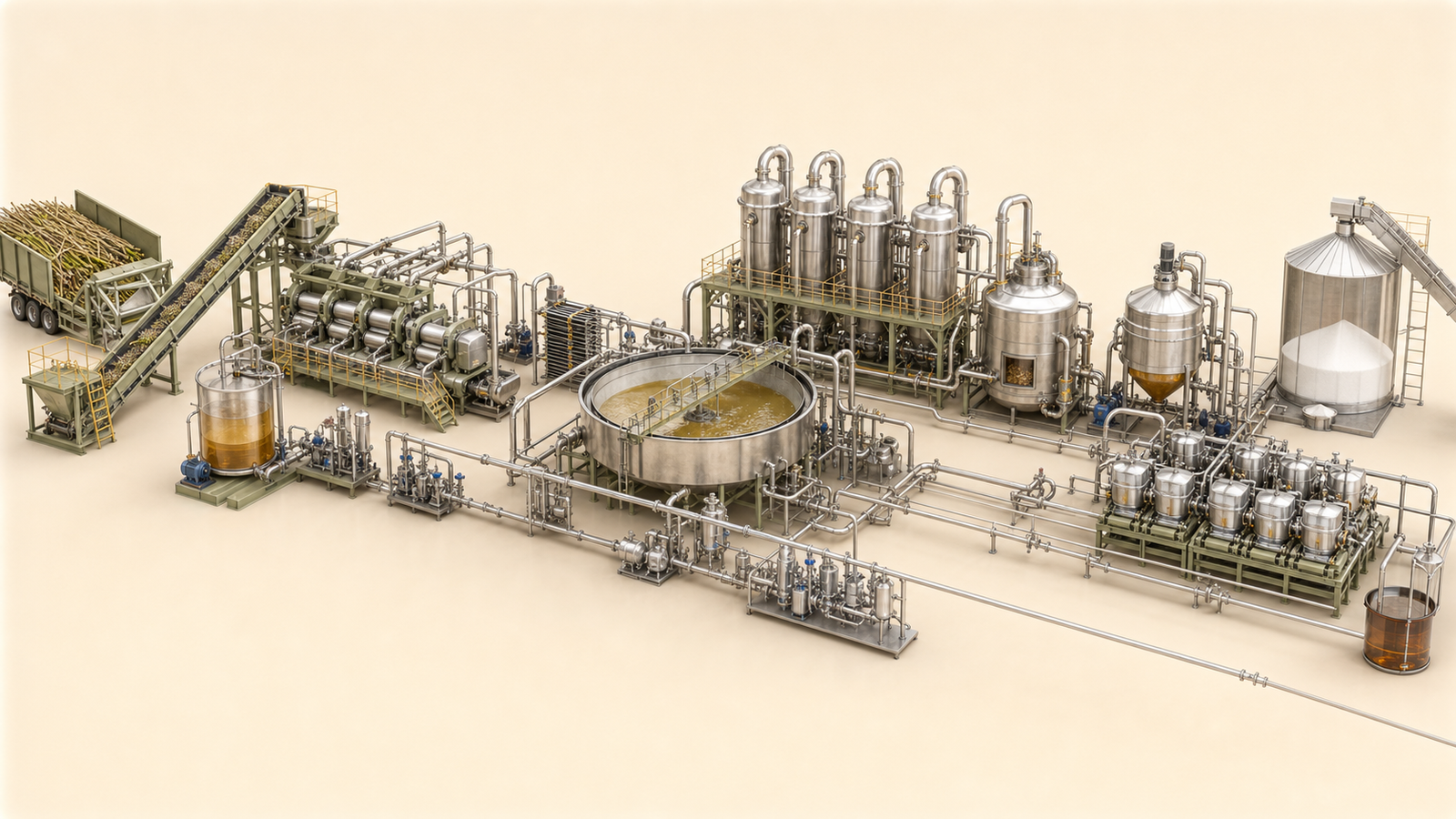Realistic three-dimensional sugar process from cane preparation through clarification, evaporation, crystallisation and finished sugar