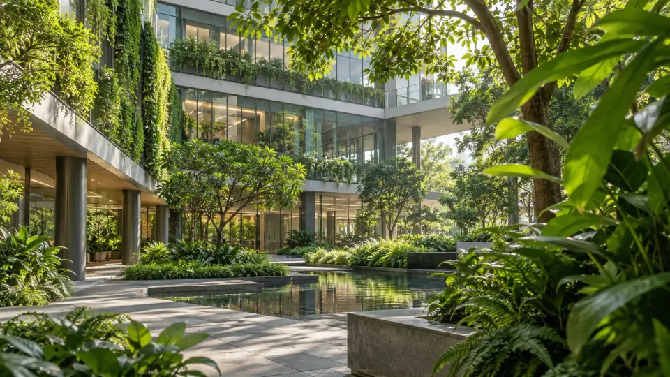 Lush planting and mature trees integrated into a high-performance building campus