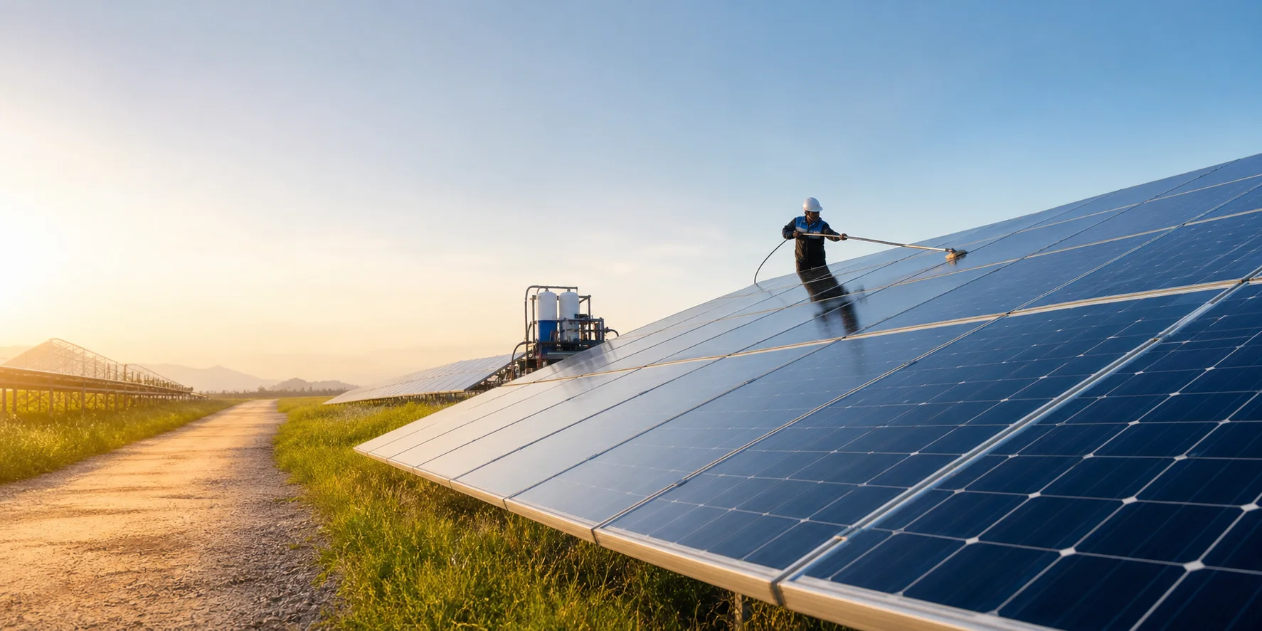 Technician cleaning a utility-scale solar panel array
