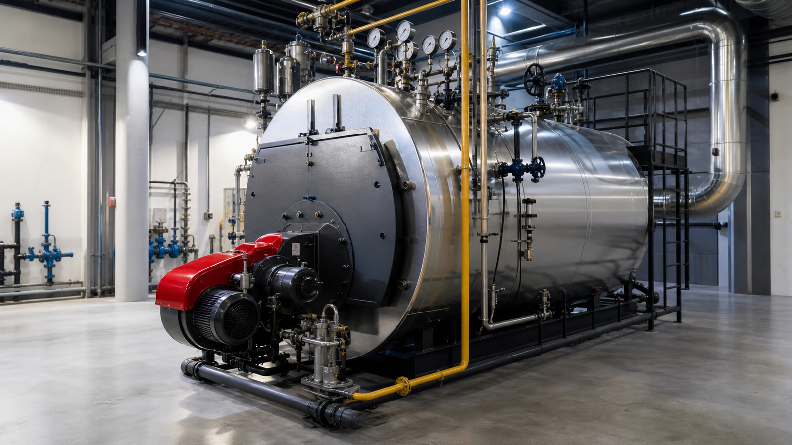 Industrial steam boiler with pressure gauges, valves and process piping