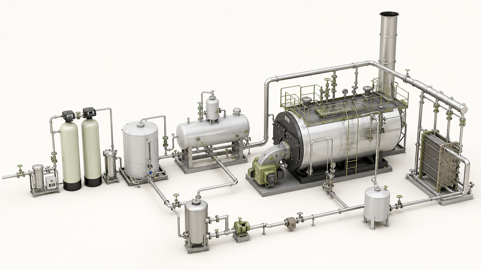 Isometric industrial boiler system with pretreatment, deaerator, boiler, steam header and condensate return