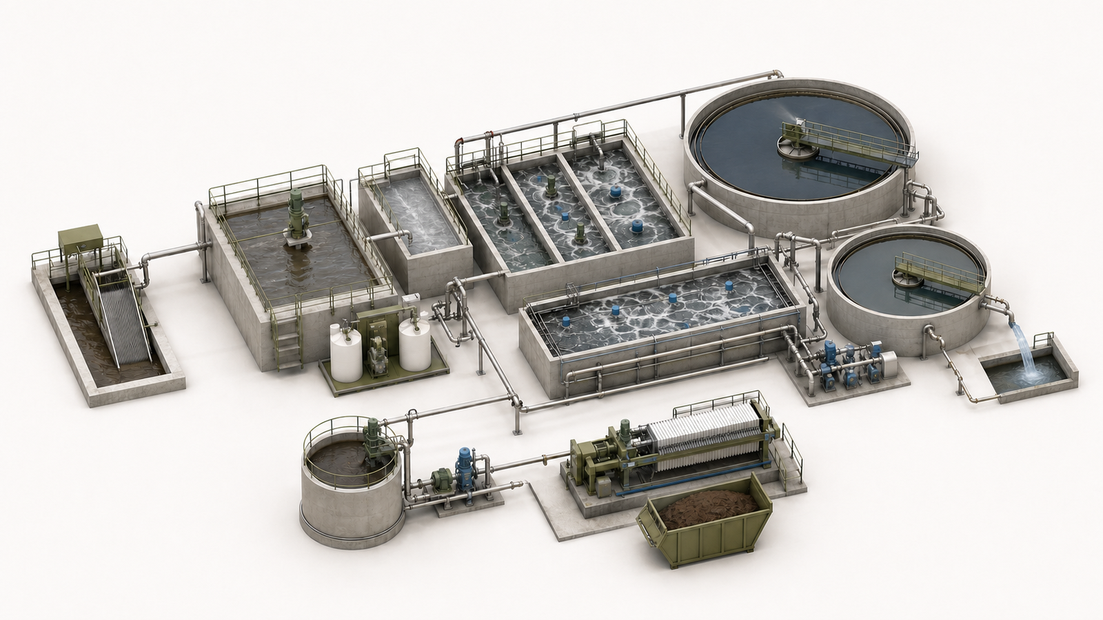 Isometric typical industrial effluent treatment plant with equalization, clarification, aeration and solids handling