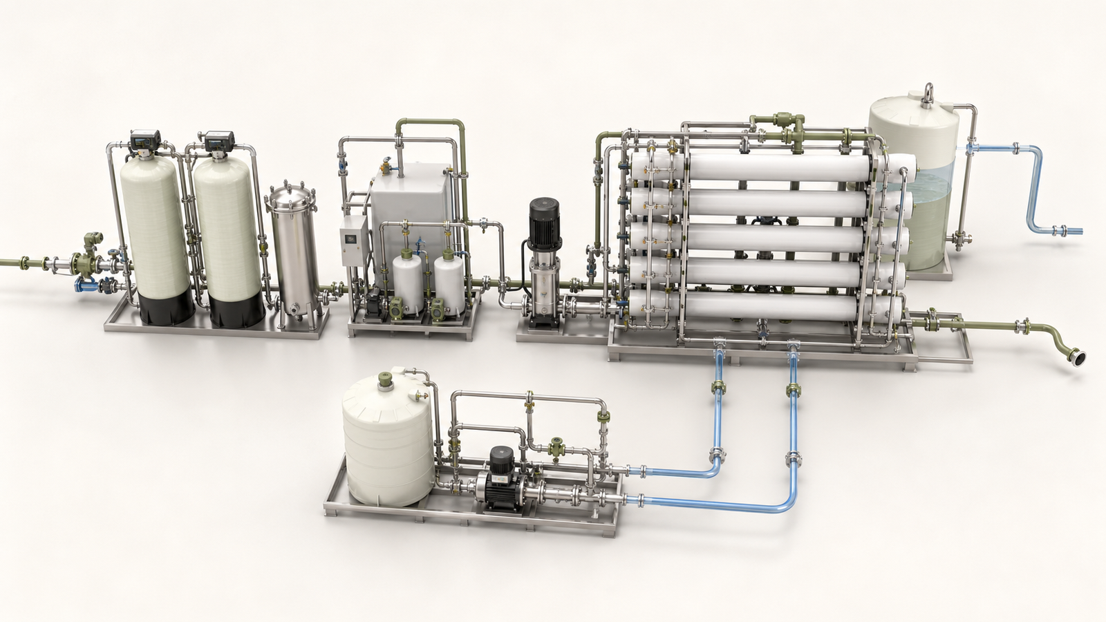Isometric industrial reverse osmosis system with pretreatment, membrane train, permeate and CIP loop