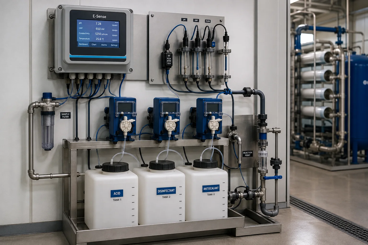 E-Sense controller, sensor manifold, metering pumps and chemical tanks